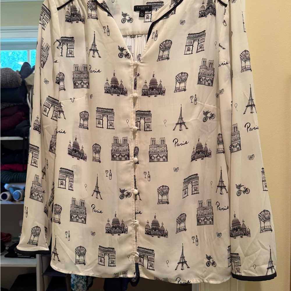 Talbots Cream and Black Parisian Print Blouse